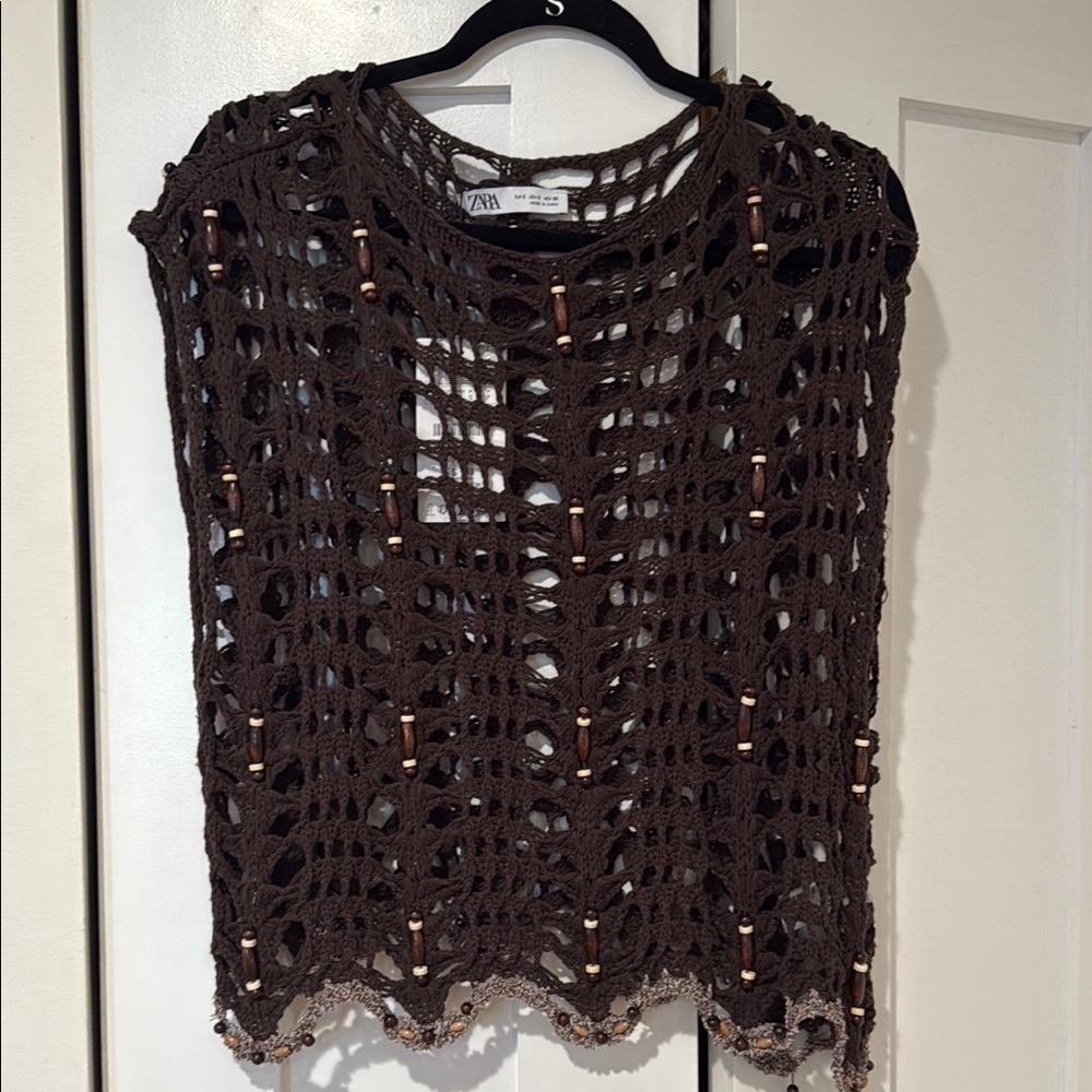 Zara Brown Crochet Beaded Sleeveless Top